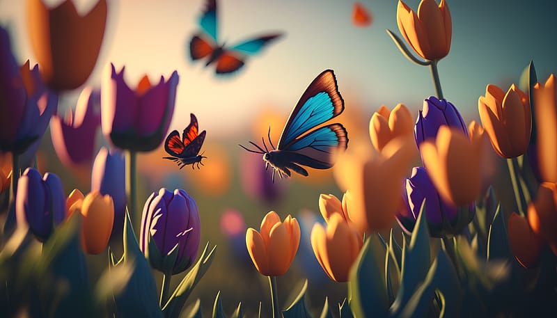 Spring background, Butterflies, Meadow, Tulips, Colorful, HD wallpaper