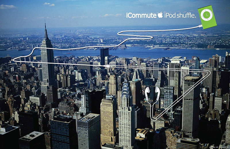 Icommute,Ipod shuffle, apple, ipod, city, tehnology, buildings, music, player, landscape, HD wallpaper