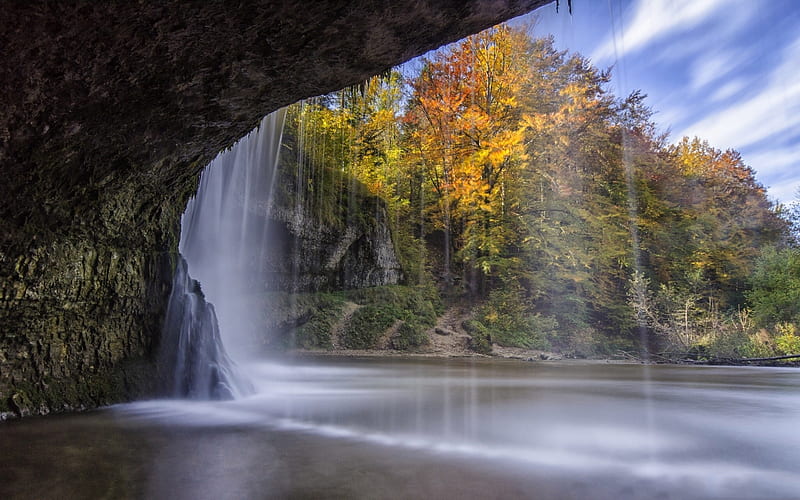 waterfall, mainsail, autumn, lake, mountains, falling water, HD wallpaper