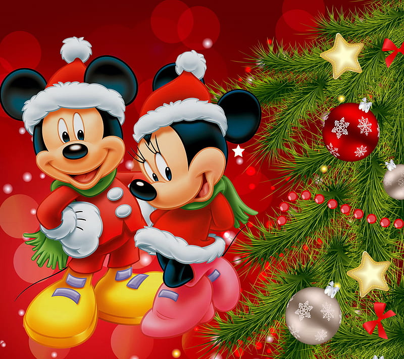 Disney Christmas, cartoon, fir tree, merry, mickey, minnie, HD wallpaper