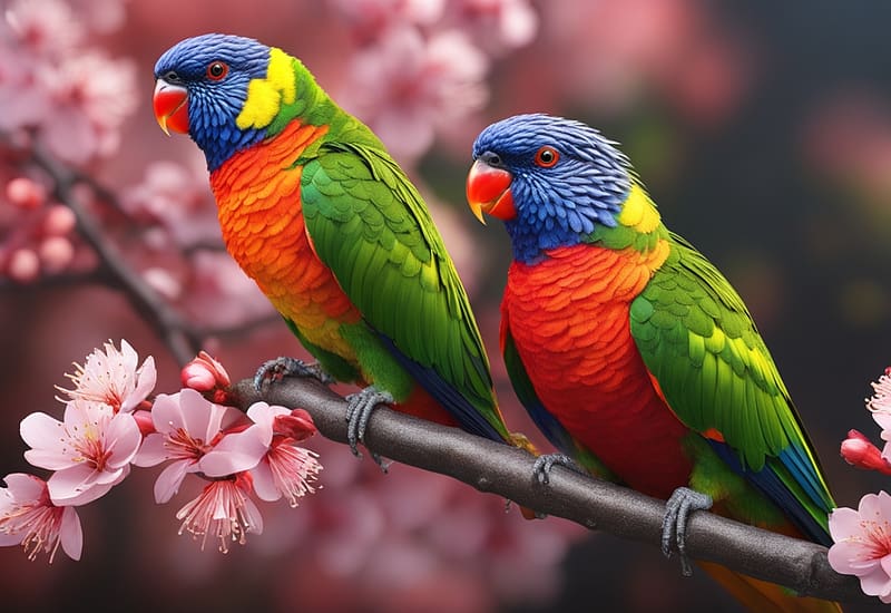2 rainbow-lorikeet birds on a branch of red cherry blossoms, cseresznye virag, termeszet, csor, madarak, papagaj, szines, tollazat, szivarvany szinu, rozsaszin viragok, ules, HD wallpaper