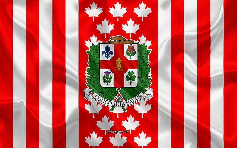 Coat of arms of Montreal, Canadian flag, silk texture, Montreal, Canada, Seal of Montreal, Canadian national symbols, HD wallpaper