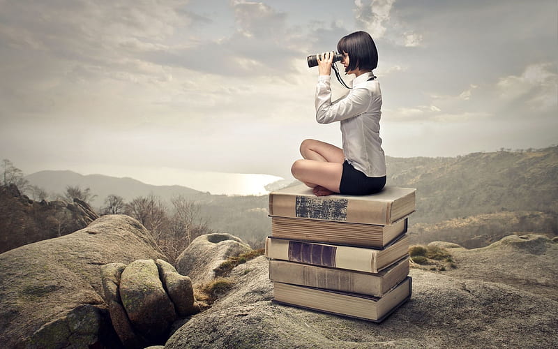 girl, book patrol, binoculars, books, HD wallpaper