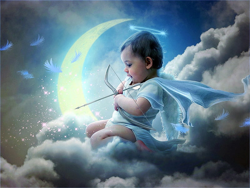 Cupid, cloud, moon, luminos, angel, creative, arrow, cute, boy, fantasy, moon, mr ripley, copil, child, archer, blue, HD wallpaper