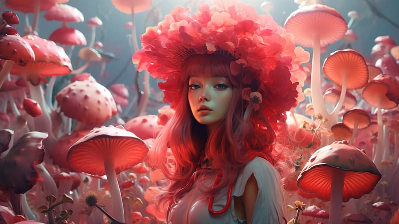 Fantasy girl, pink, neuroset, art, fantasy, red, redhead, girl, mushroom, HD wallpaper