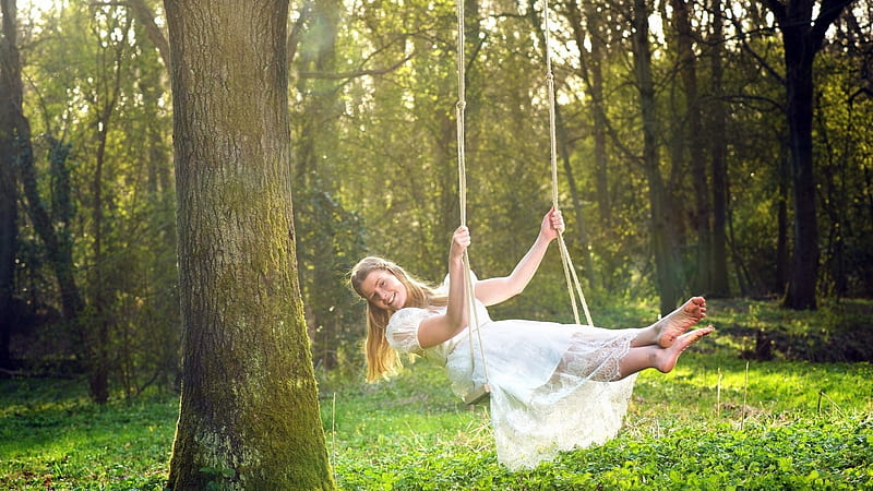 Girl on the swing, Soles, Forest, Swing, Feet, bonito, Girl, Barefoot, White dress, HD wallpaper