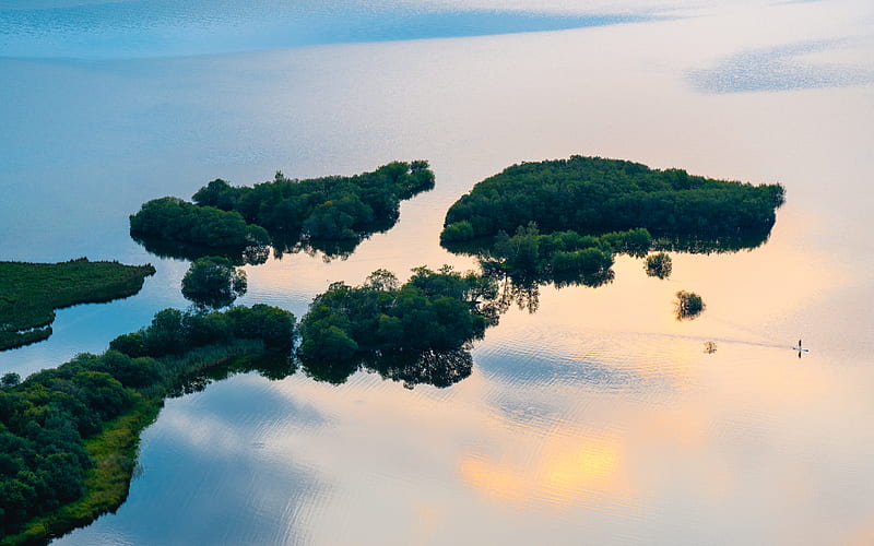 island, water, trees, ripples, HD wallpaper