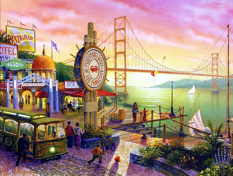 Fisherman's Wharf, building, california, usa, golden gate, bridge, people, painting, HD wallpaper