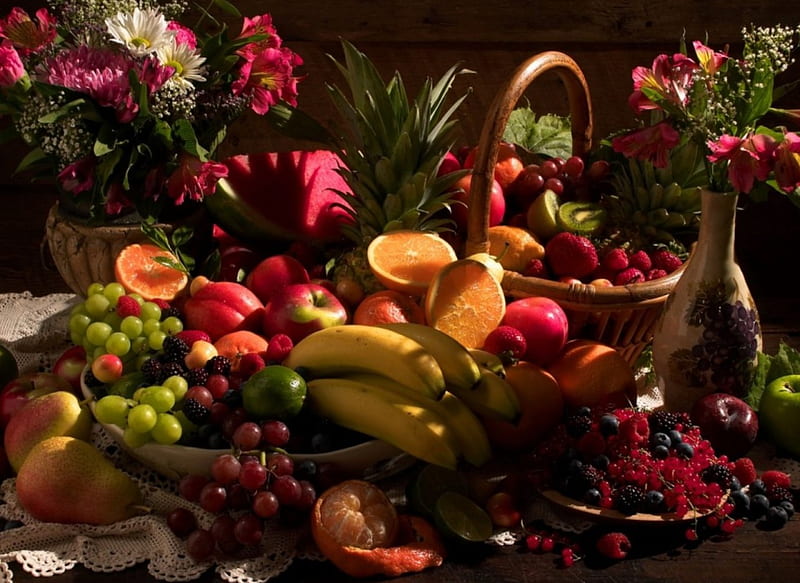 * Fresh fruit *, pineapple, fresh, apples, fruit, grapes, bouquet, flowers, banana, pair, HD wallpaper