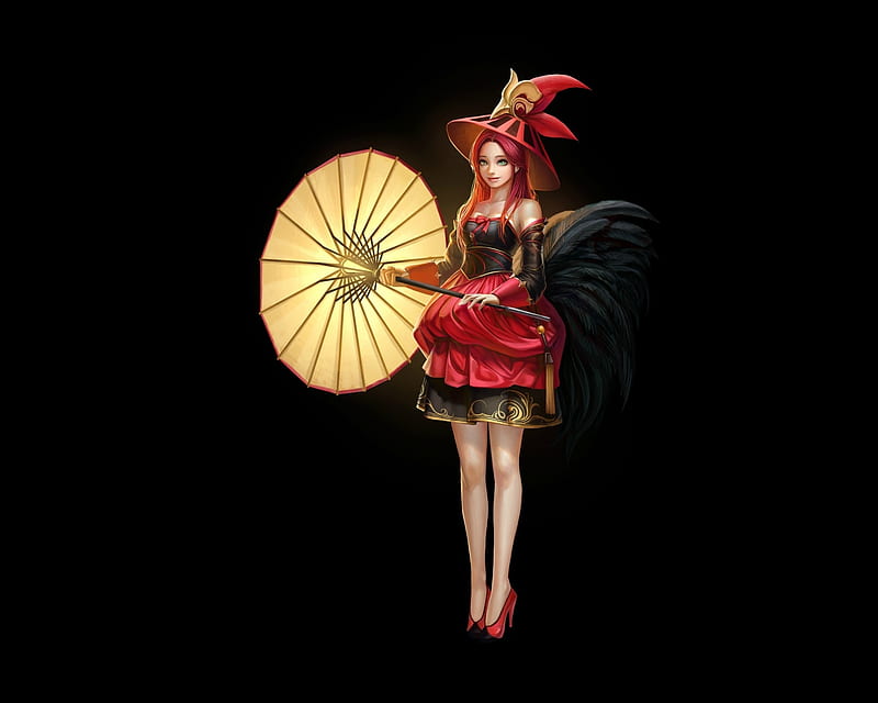 Fantasy girl, taekwon kim, girl, yellow, black, parasol, witch, red, arang, umbrella, hat, fantasy, HD wallpaper