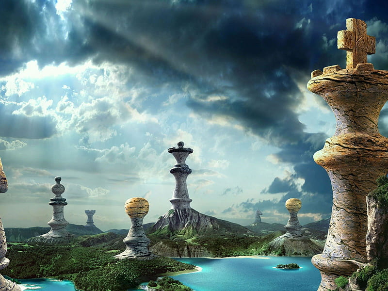 Space Fantasy, water, chess pieces, sunshine, clouds, HD wallpaper