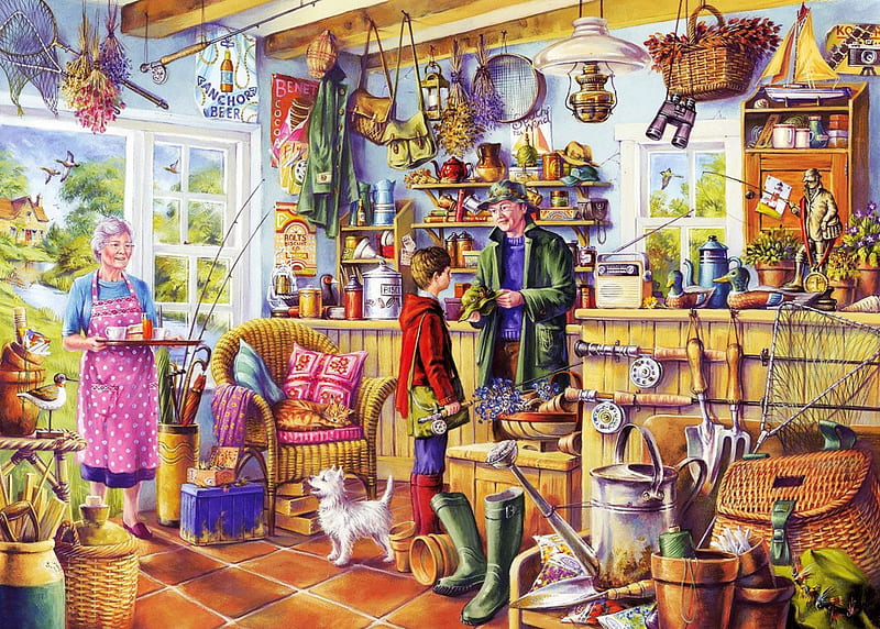 Fisherman's Shop, people, utensils, painting, eishing rods, artwork, HD wallpaper