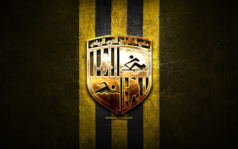 Arab Contractors FC, golden logo, Egyptian Premier League, yellow metal background, football, EPL, egyptian football club, Arab Contractors logo, soccer, FC Arab Contractors, HD wallpaper