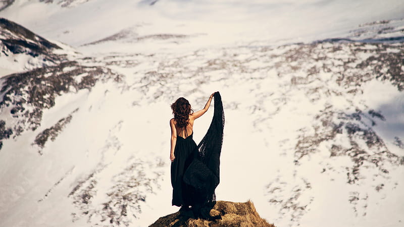 Girl In Black Dress Mountains, girls, black, mountains, nature, HD wallpaper