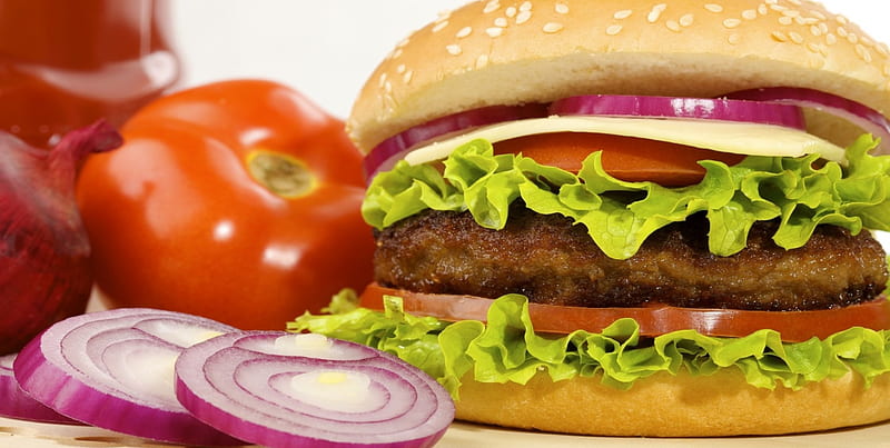 Nice Juicy Hamburger, red, onions, tomato, delicious, brown, orange, food, bun, hamburger, abstract, lettuce, redorange, purple, juicy, HD wallpaper