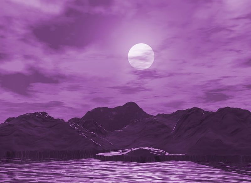 MOONLIT LAKE, moon, purple, mountains, clouds, sky, lake, moonlit, mist, HD wallpaper