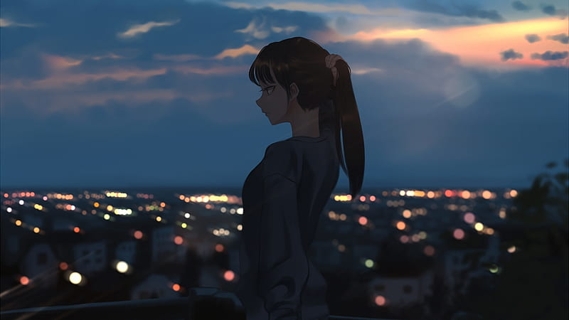 pretty anime girl, profile view, ponytail, anime cityscape, lights, Anime, HD wallpaper