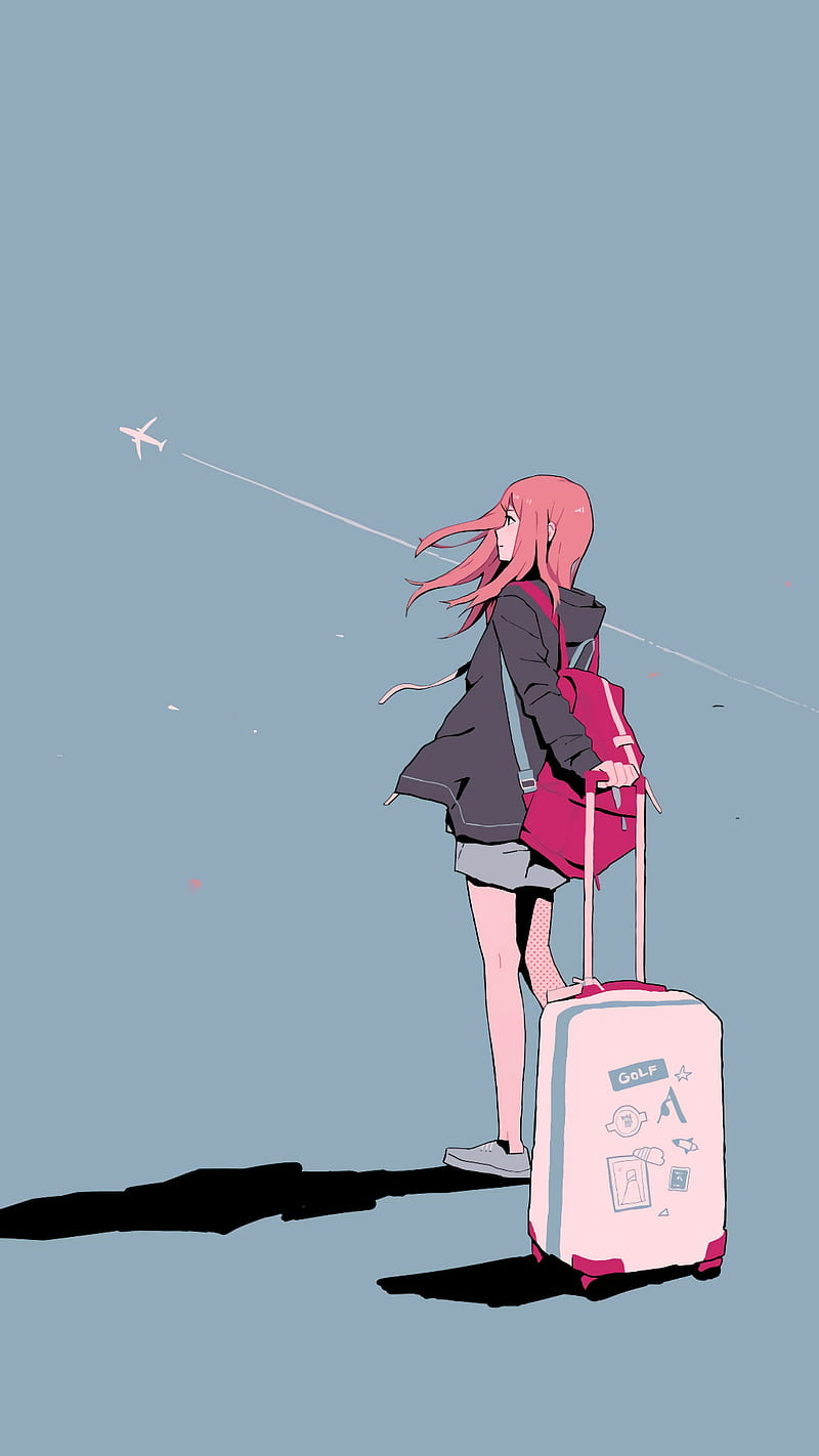 anime girls, suitcase, airplane, anime, HD phone wallpaper