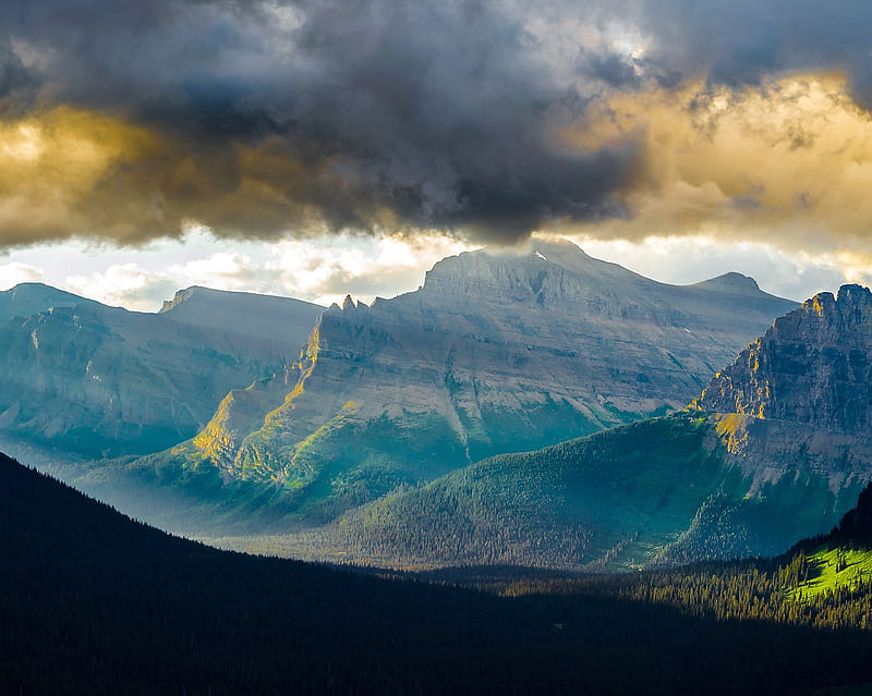 Glacier National, cloudy, mountain, nature, park, sunrise, sunshine, HD wallpaper
