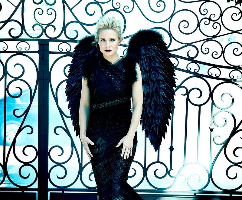 Kristen Bell, wings, girl, actress, angel, dark, woman, HD wallpaper