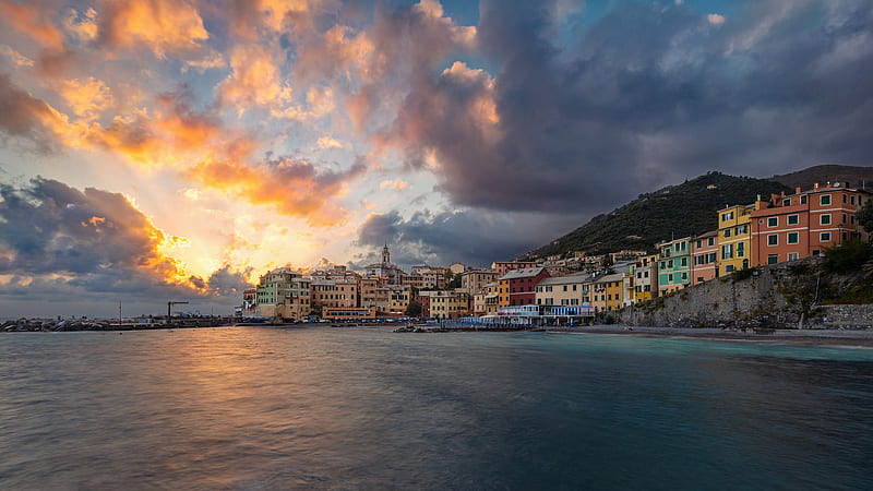 Towns, Bogliasco, Building, Coast, Italy, Liguria, Sea, Sunset, HD wallpaper