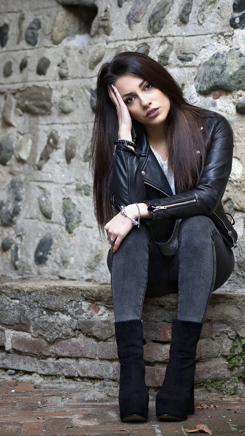 Still waiting, boots, brown hair, girl, jeans, leather jacket, pretty, sitting, HD phone wallpaper