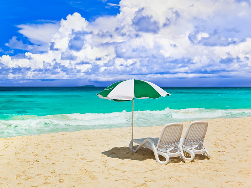 Lounge chairs on the beach, Sea, Umbrella, beach, Chairs, HD wallpaper