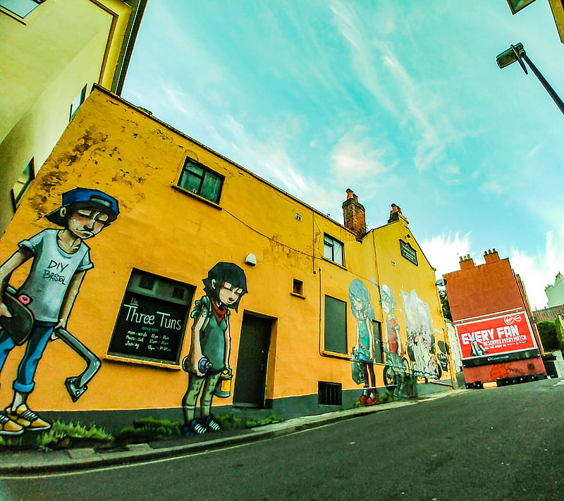 Diy Bristol, abstract, art, art on wall, blue sky, city, england, graffiti, outdoor, paint, people, road, street, travel, uk, wall, yellow, HD wallpaper
