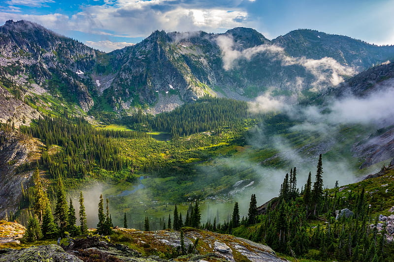 Selway Crags, Idaho, mountain, sky, trees, mist, forest, HD wallpaper