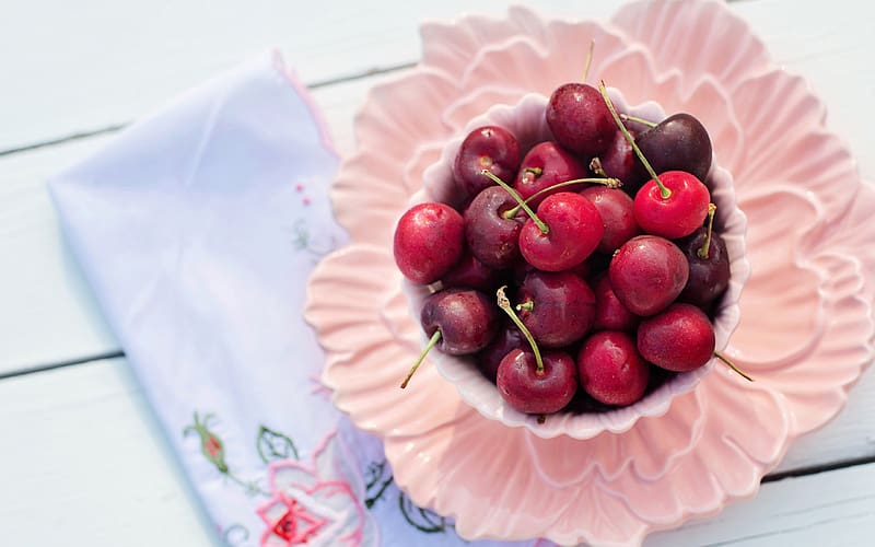 Cherries, fruit, up, vara, sweet, dessert, food, view from the top, summer, pink, cherry, red, bowl, HD wallpaper