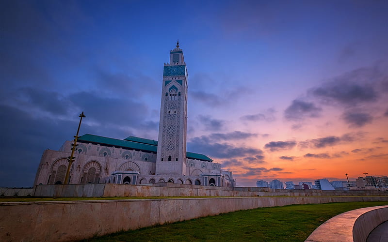 Hassan II Mosque, evening, sunset, beautiful sky, mosque, cityscape, Casablanca, Morocco, HD wallpaper