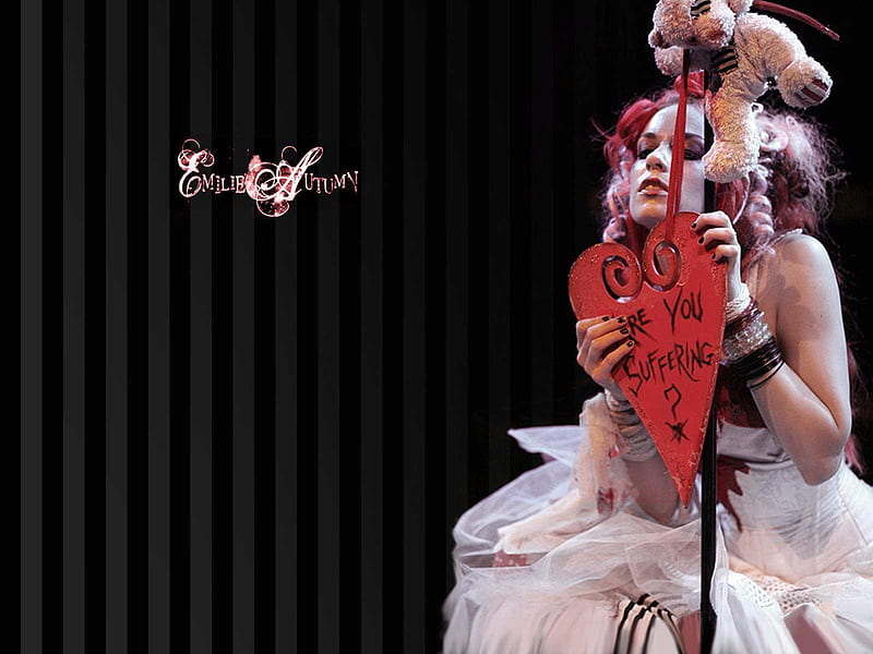 Suffer on Stage~Emilie Autumn, gothic, music, emilie autumn, heart, red head, teddy bear, woman, HD wallpaper
