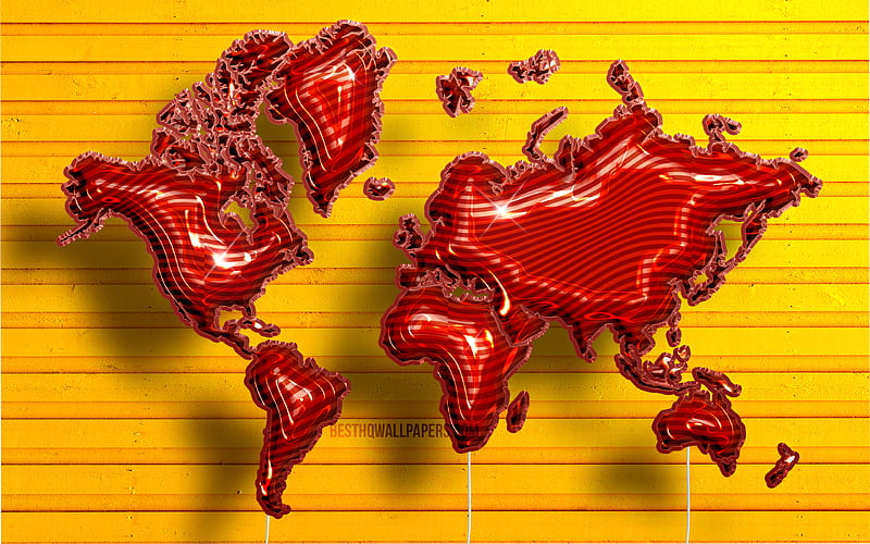 Red Realistic Balloons world map, yellow wooden background, 3D maps, World Map Concept, creative, Red balloons, 3D world map, Red World Map, World Map, HD wallpaper