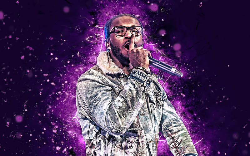 Pop Smoke, 2020 violet neon lights, american rapper, music stars, Pop Smoke with microphone, Bashar Barakah Jackson, american celebrity, Pop Smoke, HD wallpaper