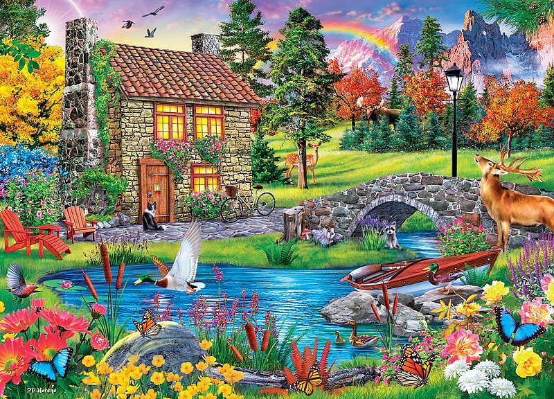 Mountain Retreat, trees, artwork, ducks, butterflies, cabin, rainbow, deer, pond, boat, bridge, flowers, painting, HD wallpaper