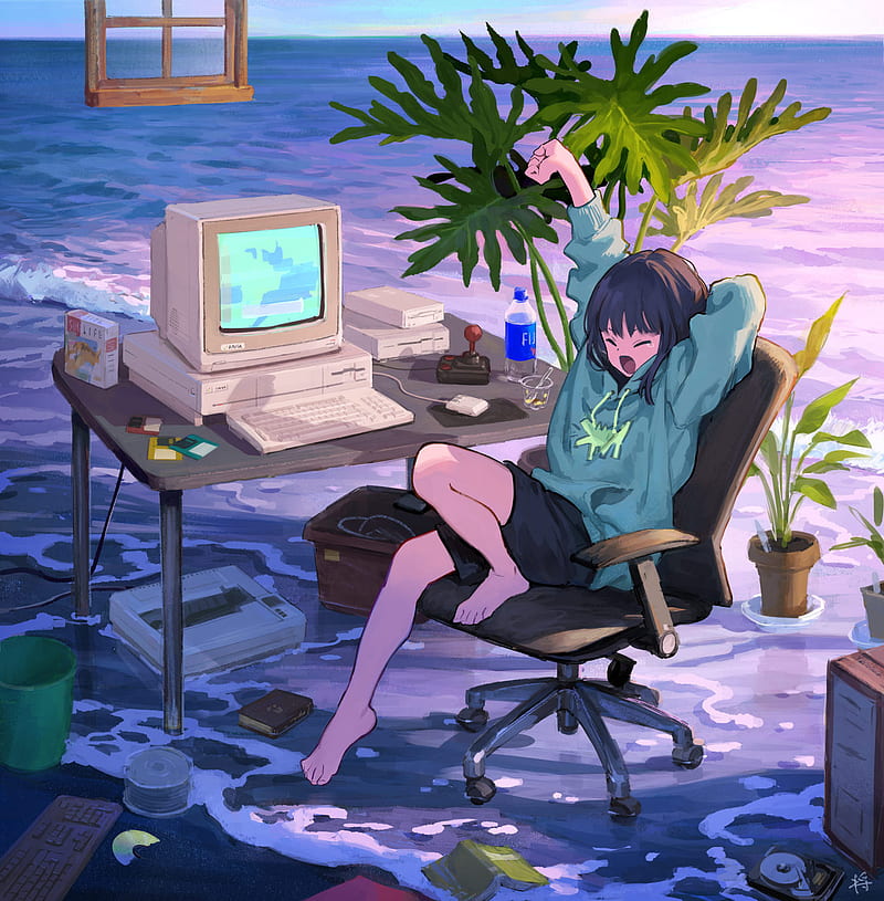 anime, anime girls, dark hair, original characters, computer, HD phone wallpaper