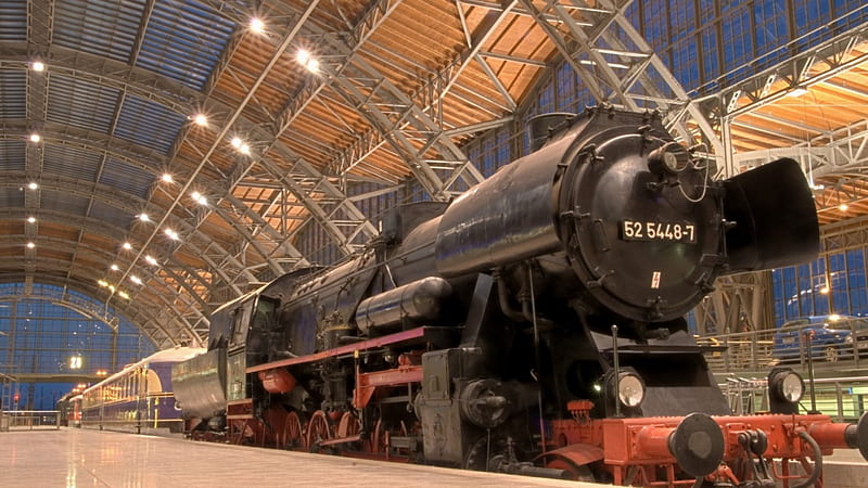 steam locomotive in a london museum, museum, locomotives, trains, hanger, lights, HD wallpaper