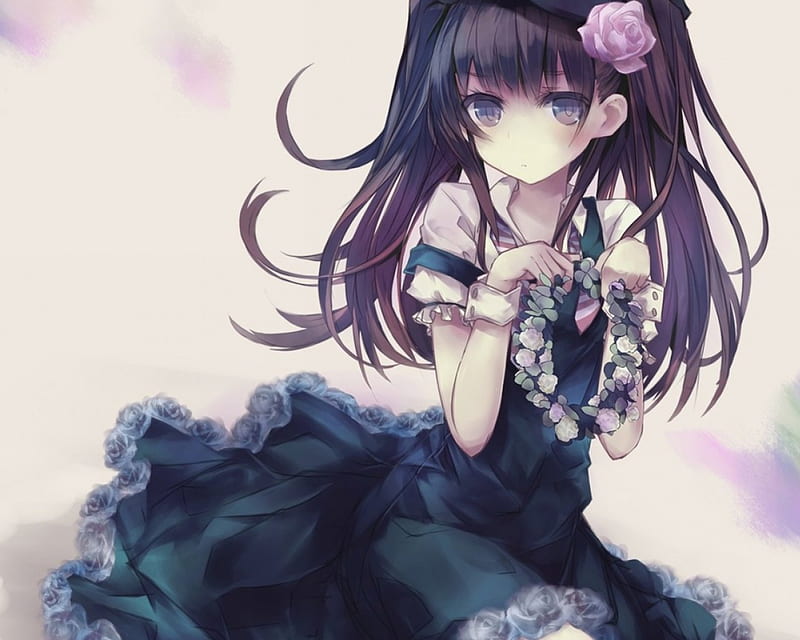 Chica anime, lindas, art, kawaii, flores, pruple, pelo largo, Fondo de  pantalla HD | Peakpx