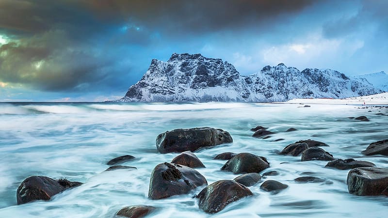 Lofoten Islands. Norway, sea, snow, clouds, sky, rocks, ice, stones, HD wallpaper