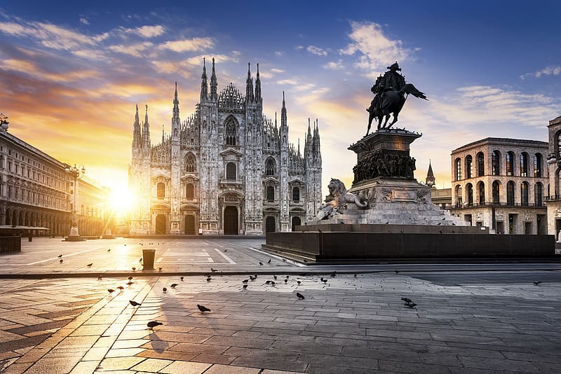 Architecture, Italy, Sunrise, Statue, Milan, Religious, Milan Cathedral, Duomo, Cathedrals, HD wallpaper