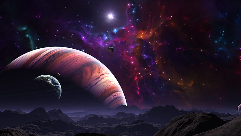 Planets, space, fantasy, orange, michael stern, planet, purple, cosmos, HD wallpaper