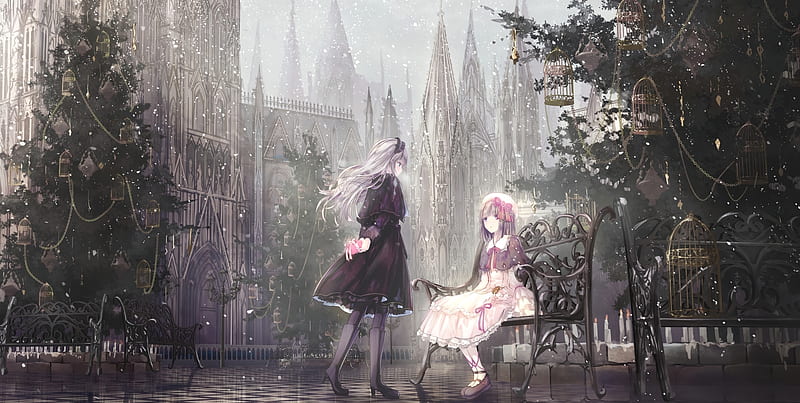 lolita fashion, gothic anime girls, snow, cages, Anime, HD wallpaper