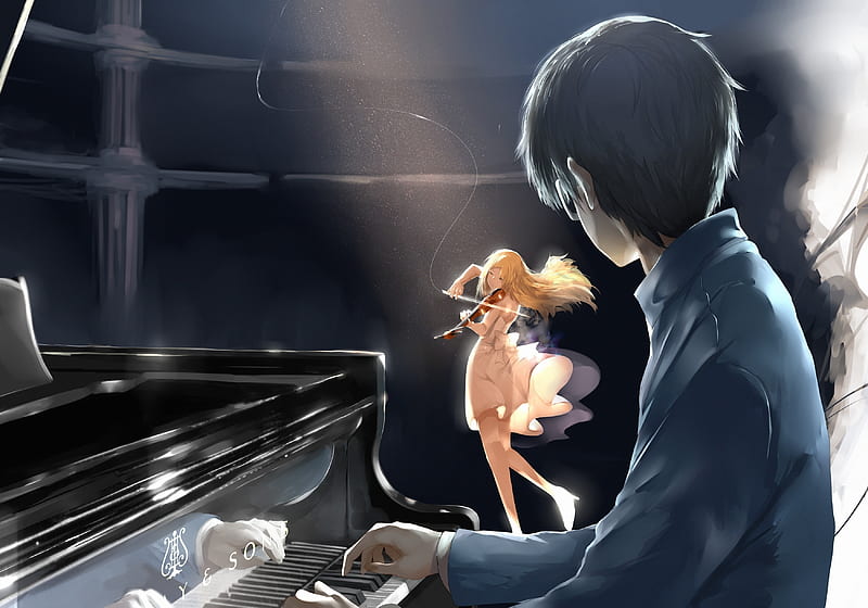 Shigatsu Wa Kimi No Uso, guy, music, butterflies, sky, clouds