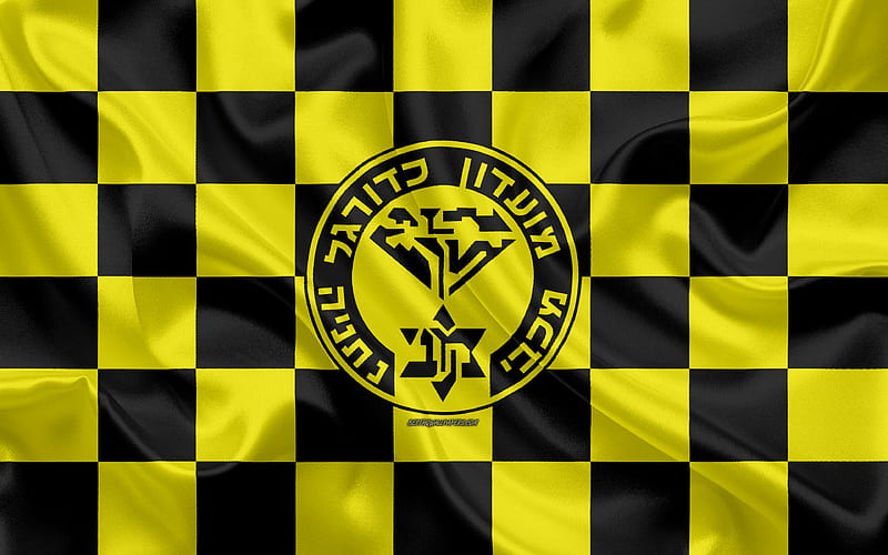 Maccabi Netanya FC Israeli Premier League, yellow and black checkered flag, Israeli football club, silk flag, football, soccer, Maccabi Netanya logo, Israel, HD wallpaper