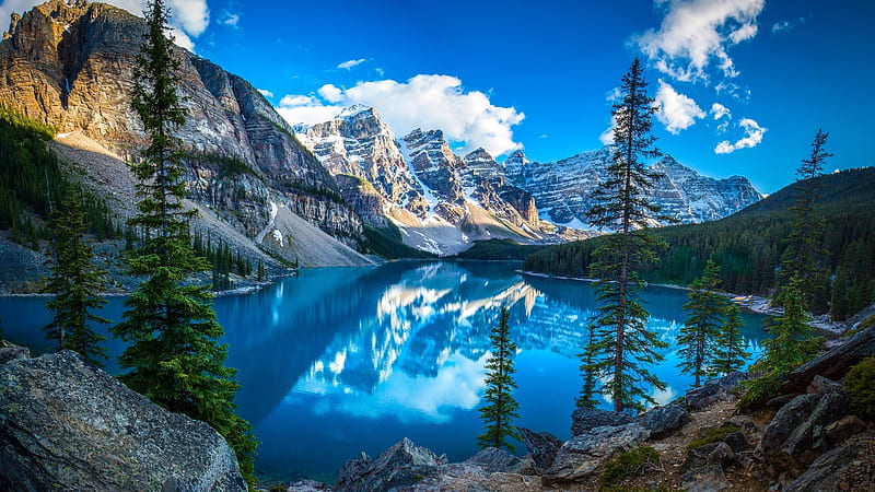 Moraine Lake (Valley of the Ten Peaks, Canada), nature, park, reflection, trees, lake, valley, canada, sky, mountains, landscape, HD wallpaper