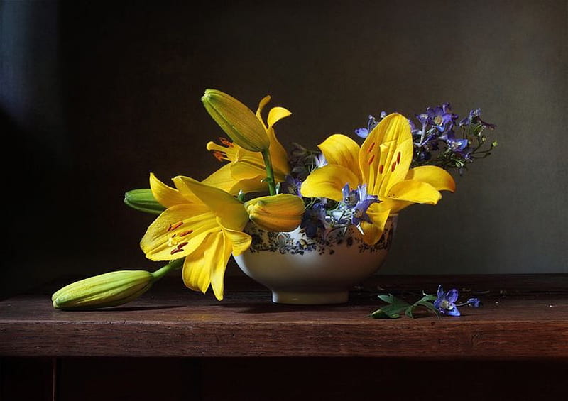 Still life, Yellow, purple, flowers, Floral design, HD wallpaper