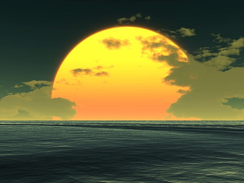 BIG YELLOW SUN, sun, big, ocean, yellow, clouds, sky, HD wallpaper