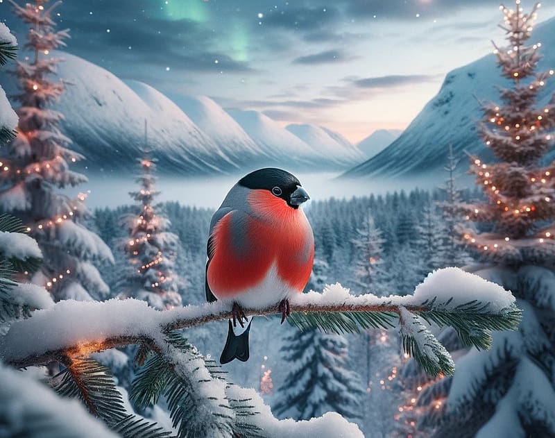 Bird on tree branch in winter, erdo, szines tollazat, ho, allat, teli, havas hegyek, norvegia, faag, pirok, madar, ules, havas fenyo, HD wallpaper