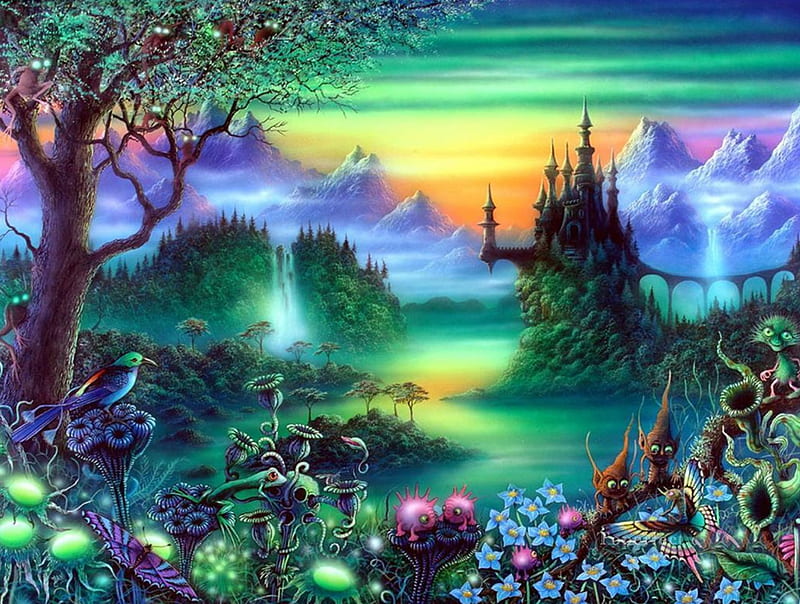 fantasy castle, frog, fantasy, flowers, nature, castle, HD wallpaper