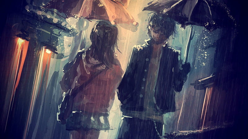 good bye, lovers, freinds, boy, girl, anime, umbrella, rain, HD wallpaper